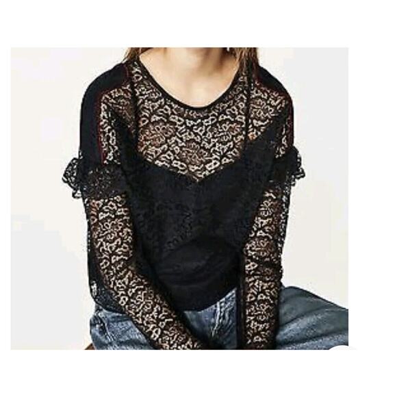 Zara Top Womens Small Midnight Blue Cropped Lace Ruffle Sheer Fairy Whimsigoth - Picture 1 of 11